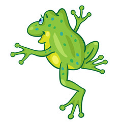  Funny little frog in cartoon style is jumping. Isolated on white background. 