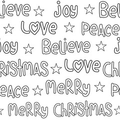 Seamless doodle Christmas pattern with joy, love, peace, believe and Christmas word
