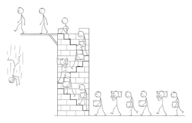 Vector cartoon stick figure drawing conceptual illustration of men or workers carrying big stone blocks as building material and climbing stairs on high tower. Career metaphor.