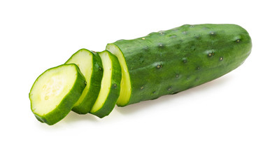 Cucumber, chopped, raw and fresh with drops of water. Isolated on white background.