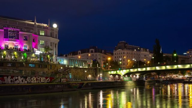 night illuminated vienna city river bay famous cinema bar panorama 4k timelapse austria