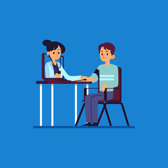 Woman doctor examines a male patient with a stethoscope from a laptop, online medicine concept.