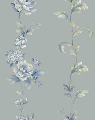 Watercolor illustration of a bouquet with a blue and delicate pink rose, leaves and bud, greeting card