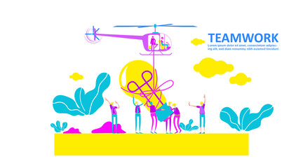 vector illustration team work, search for new ideas, teamwork in the company, brainstorming, lift the bulb by helicopter ,work together thought process as a team. - Vector