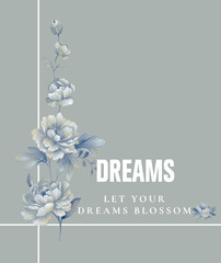 Watercolor illustration of a bouquet with a blue and delicate pink rose, leaves and bud, greeting card