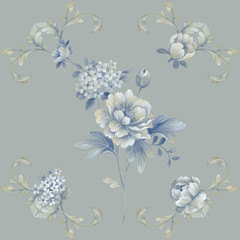 Watercolor illustration of a bouquet with a blue and delicate pink rose, leaves and bud, greeting card