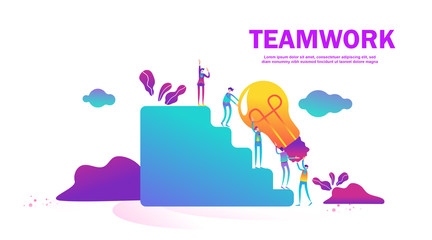 Business concept of vector illustration teamwork, little people raised and search the idea of business, climb the ladder of success, light bulb Symbol of idea, cooperation. - Vector