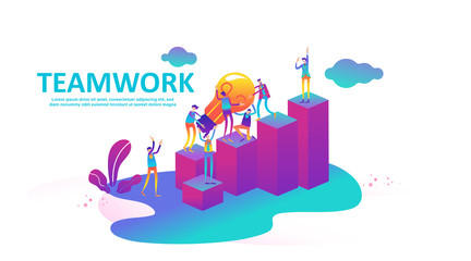 Vector flat illustration teamwork, people raised and search the new idea climb the ladder of success with isometric style, little people are lift light bulbs work together. - Vector