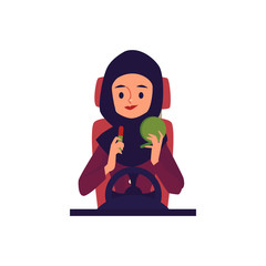 Female driver in hijab driving a car and putting on makeup