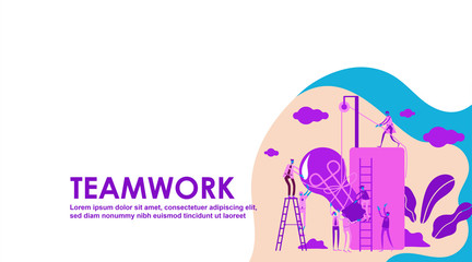 Vector illustration teamwork,little people lift up bulb ,a man seeks up the stairs, achieving the goal, the path to success is motivation, career advancement, search for ideas. - Vector
