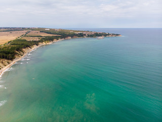 Aerial photo of the beautiful small town and seaside resort of known as Obzor in Bulgaria taken with a drone on a bright sunny day showing the beach and ocean sea front.