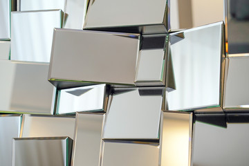 Mirror with foursquare in wall, decoration and reflection. Abstract glass background. Polygonal...