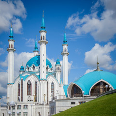 Russia, Kazan, August 24, 2019: view of the Kul Sharif mosque on a sunny summer day, time of WorldSkills Kazan 2019