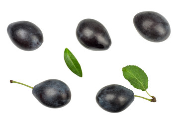 Fresh plums isolated on white, top view