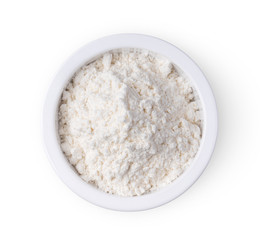 Fototapeta na wymiar Flour in a white bowl isolated on white background. top view