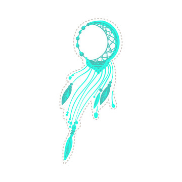 Teal dream catcher drawing with moon crescent symbol and bird feathers,