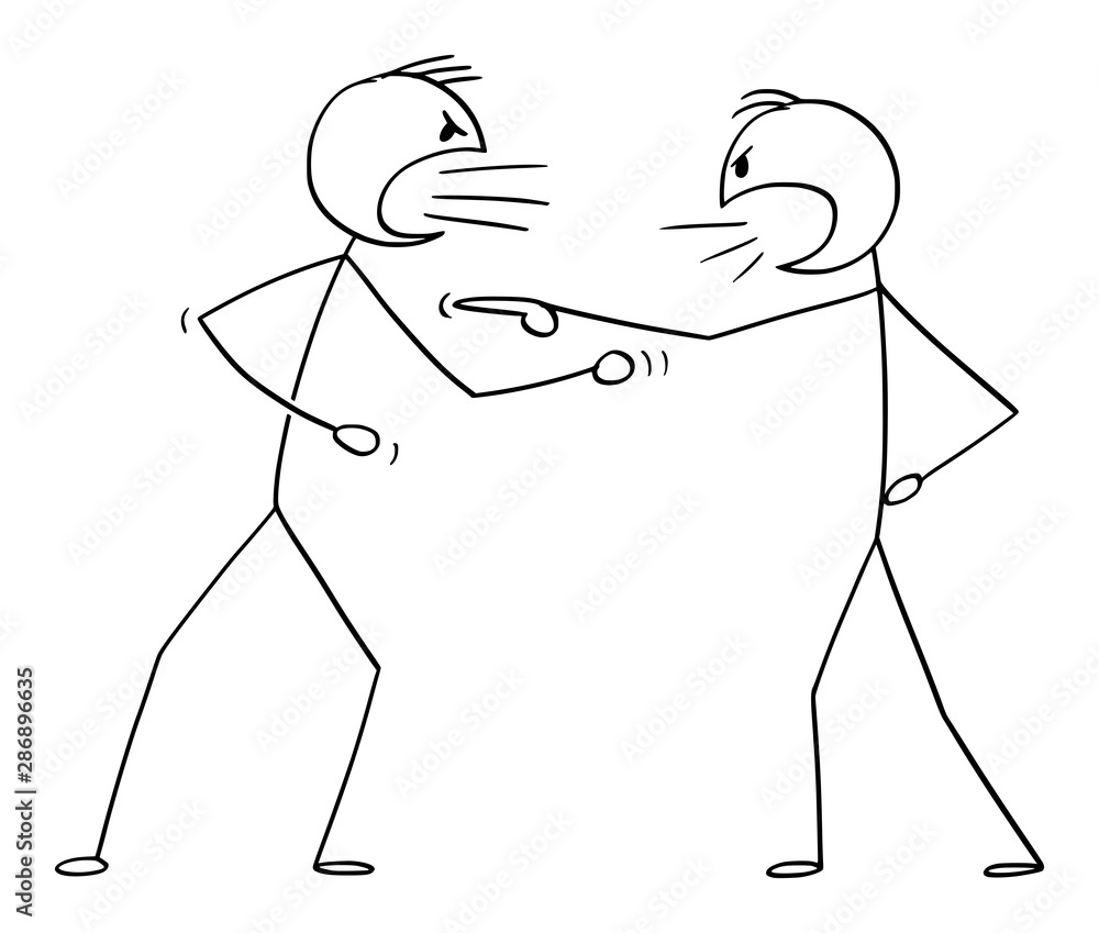 Poster Vector cartoon stick figure drawing conceptual illustration of two angry men arguing or fighting.