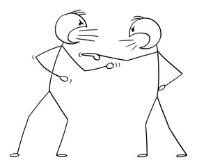 Vector cartoon stick figure drawing conceptual illustration of two angry men arguing or fighting.