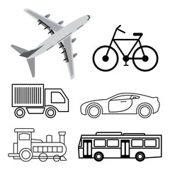 thin line icons for Airplane,bicycle,truck,car,train,bus,transportation, vector illustration