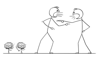 Vector cartoon stick figure drawing conceptual illustration of two angry men arguing or fighting. Their brains taking a break.