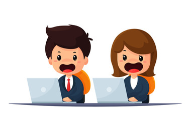 Cartoon employee and operator is responsible for contacting customers and providing advice.