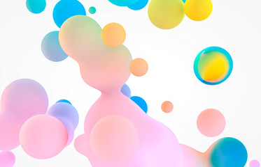 Abstract colorful 3d art background. Holographic floating liquid blobs, soap bubbles, metaballs.