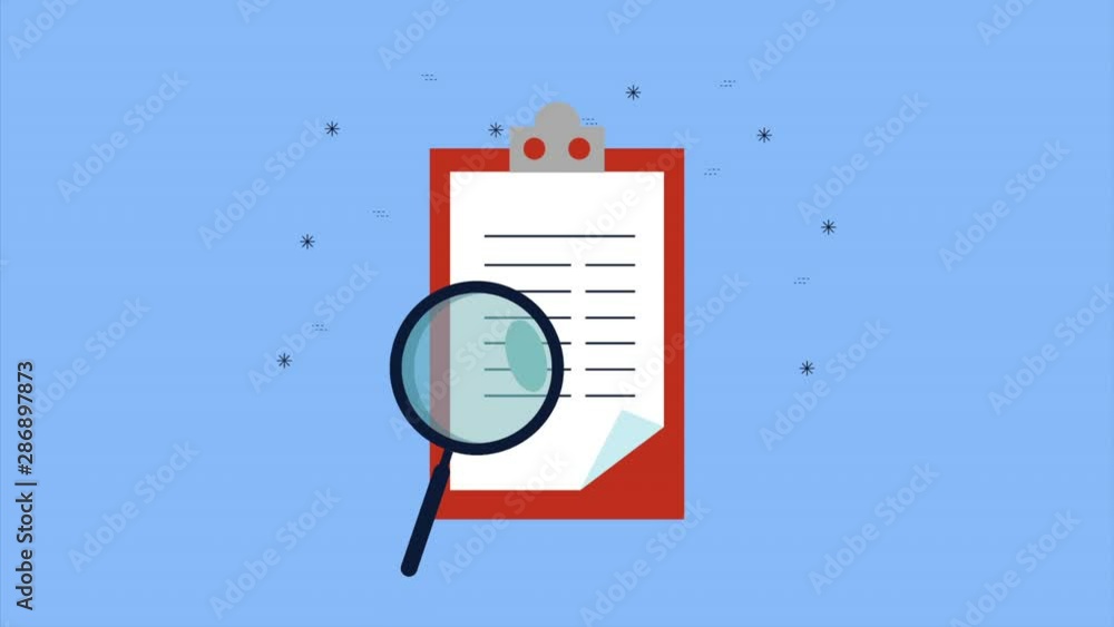 Poster clipboard with checklist document and magnifying glass animation