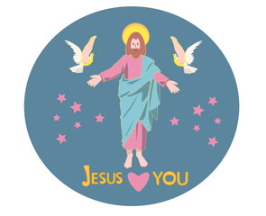 cute isolated vector illustration of Jesus Christ with halo with two holy spirit doves with olive branches and stars. Jesus loves you. For children and church decorations, baby showers, Easter design