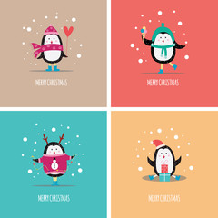 A set of Christmas greeting cards with funny winter penguins in hats, sweaters and gifts.