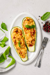 Lazagna zucchini boats. Top view, space for text.