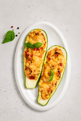 Lazagna zucchini boats. Top view, space for text.