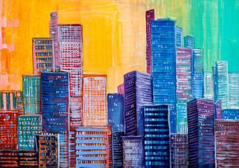 Fototapeta na wymiar Abstract painting of urban skyscrapers.