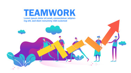 Fototapeta premium Vector teamwork business concept. Team people standing and holding indicator of growth and development in common company on raised hands. holding graph arrow on the way to success. - Vector