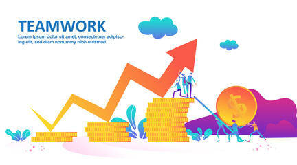 Fototapeta na wymiar Vector teamwork business concept. Little people standing and holding indicator of growth and development on raised hands with coins stack as chart. holding graph arrow on the way to success. - Vector