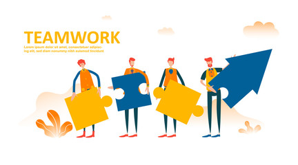 Vector creative illustration of business graphics teamwork. Flat people characters working together and holding graph arrow on the way to success. Finance success, cooperation,collaboration. - Vector