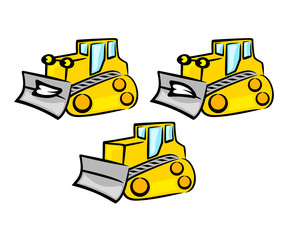 Tractor, bulldozer and dozer cartoon character, logo design. Transport, transportation, construction, earthwork and excavation, vector design and illustration