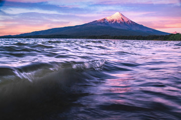 Looking at Volcano Osorno from Lake Llanquihue during sunset