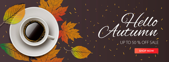 Hello Autumn Sale horizontal banner. Cup of coffee with autumn leaves. vector illustration for web banners invitation poster.