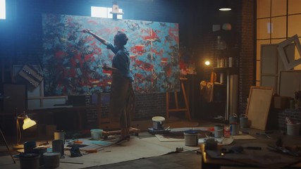 Talented Female Artist Walks to a Canvas and Starts Working on a Modern Abstract Oil Painting Using Paintbrush