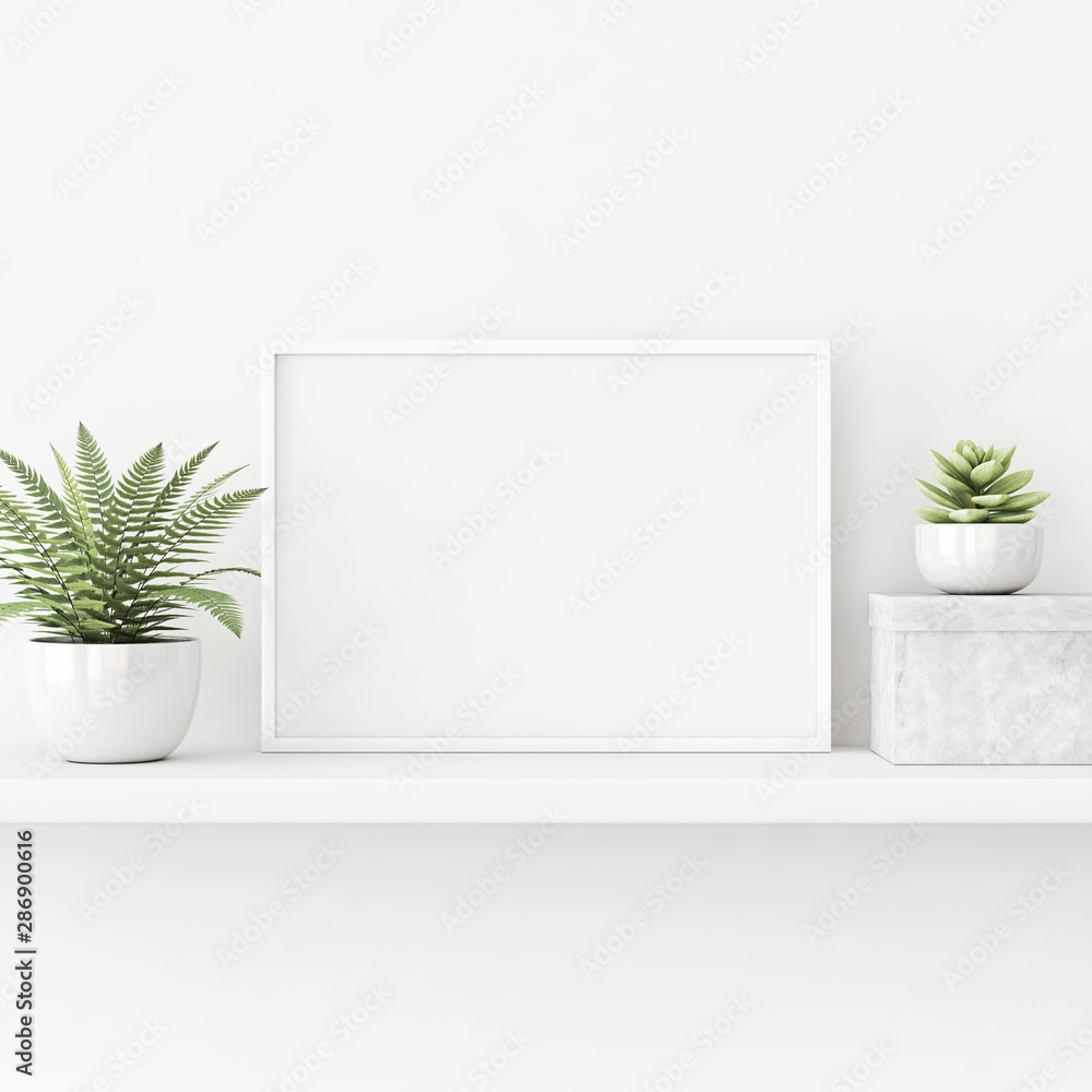 Aufkleber Interior poster mockup with horizontal white frame standing on the table with plants in pots on empty wall background. 3D rendering, illustration.