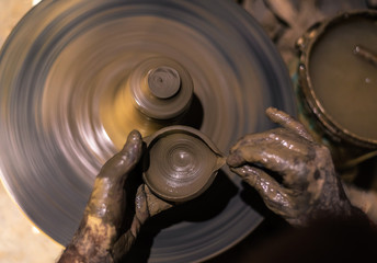 Clay Pots on Pottery Wheel