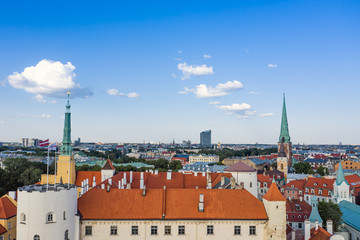 Beautiful panoramic  view of Riga and Riga castle, Latvia, Europe. Taken from a height on a drone. Aerial view of the old town.