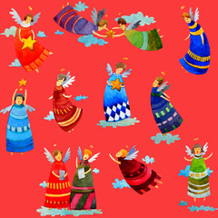 watercolor pattern cute christmas angels doodle style, red background