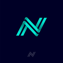 N letter. N monogram consist of yellow lines, isolated on a dark background. Web, UI icon.