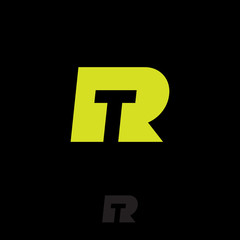 RT logo. R and T yellow monogram. Original symbol on black background. Web, ui icon.