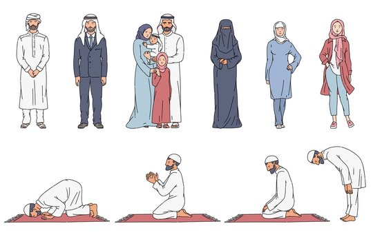 Muslim cartoon character set - Arab men and women in traditional clothes