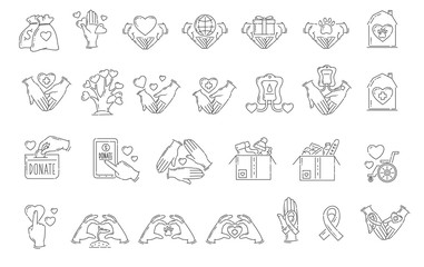 Set of flat outline icons and signs for charity, care and support.