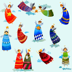watercolor pattern cute christmas angels doodle style