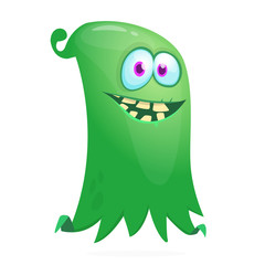 Happy cartoon flying monster. Vector illustration of funny ghost character. Halloween design