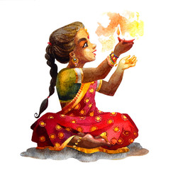 Watercolor Cute Indian little girl holding diya